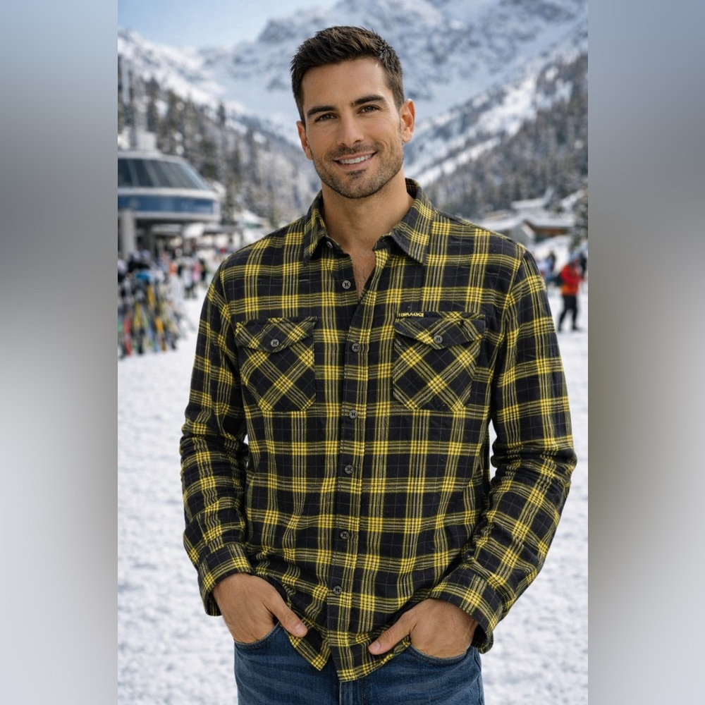 BRAGG Companies Men’s Plaid Work Shirt L – Black & Yellow, Long Sleeve
